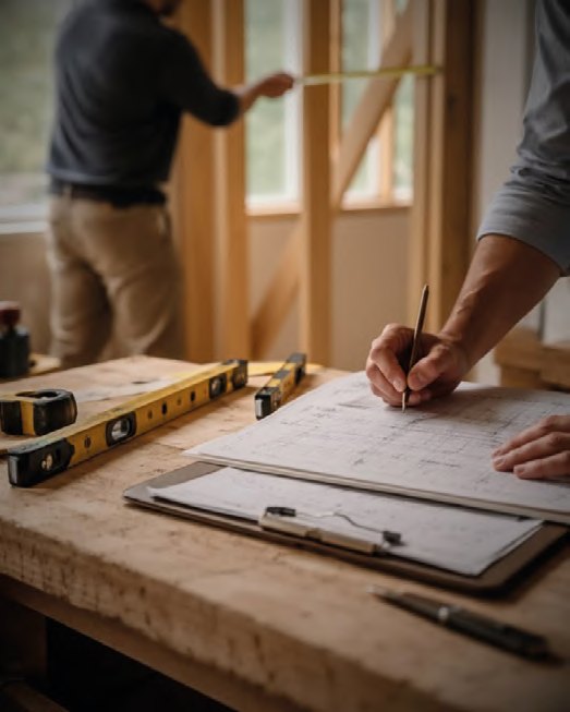 Builder marking up plans on site
