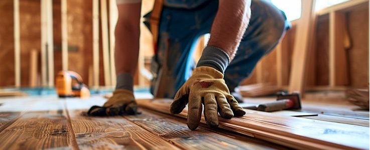 Carpenter's gloved hands fitting a hardwood floor